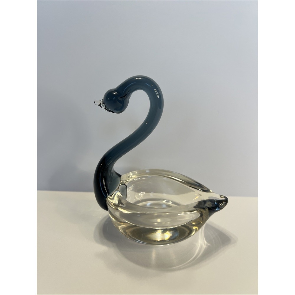 Swan Hand Blown Art Glass Jewelry Dish Smoky Blue Murano Style Trinket Bowl Vtg - Picture 3 of 12